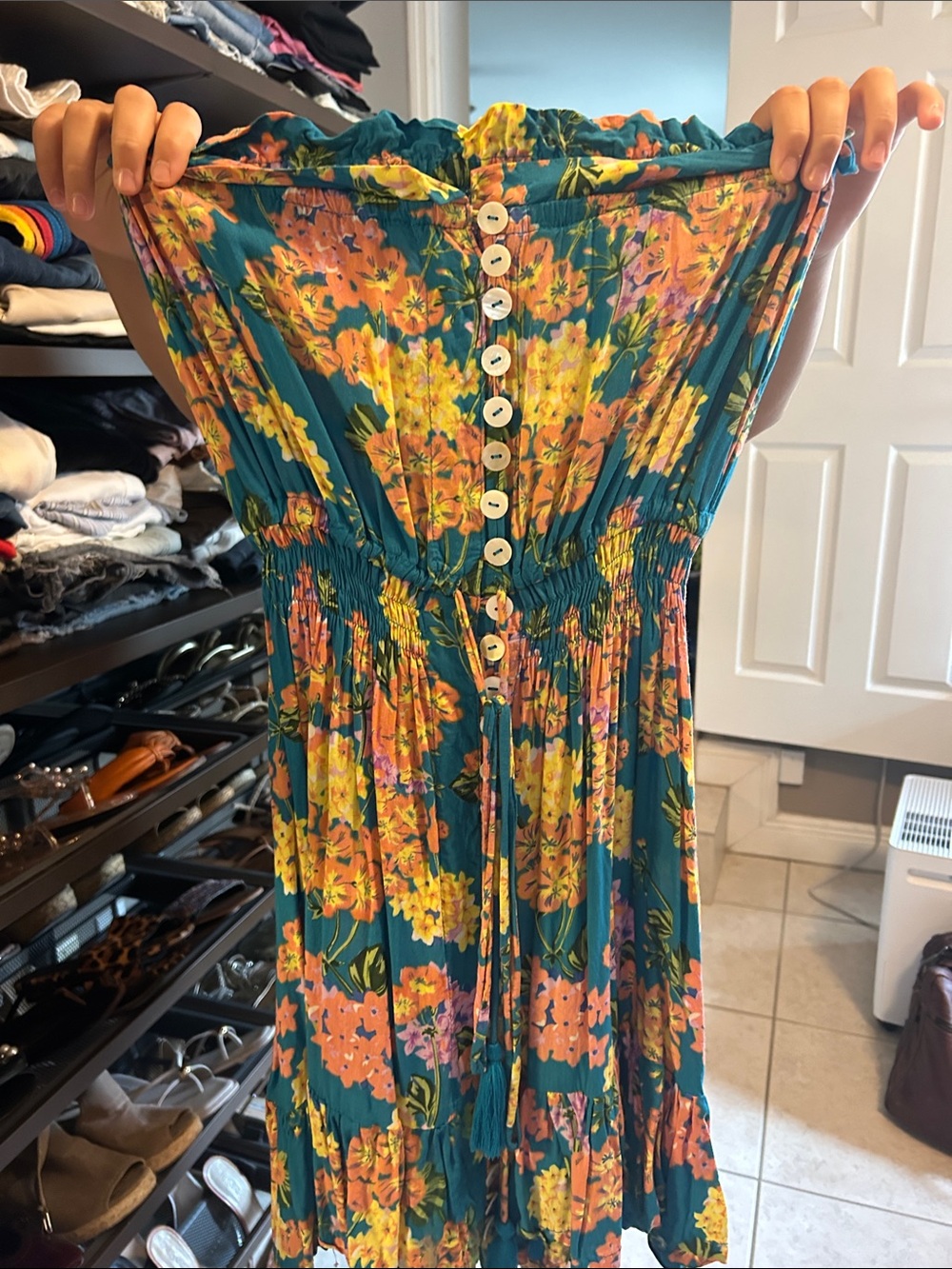 Floral Smocked Strapless Maxi Dress - Teal with Yellow & Coral tiara hawaii